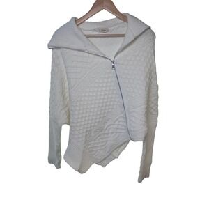 Elan White Cable Knit Asymmetrical‎ Zip Poncho Sweater Womens L Large